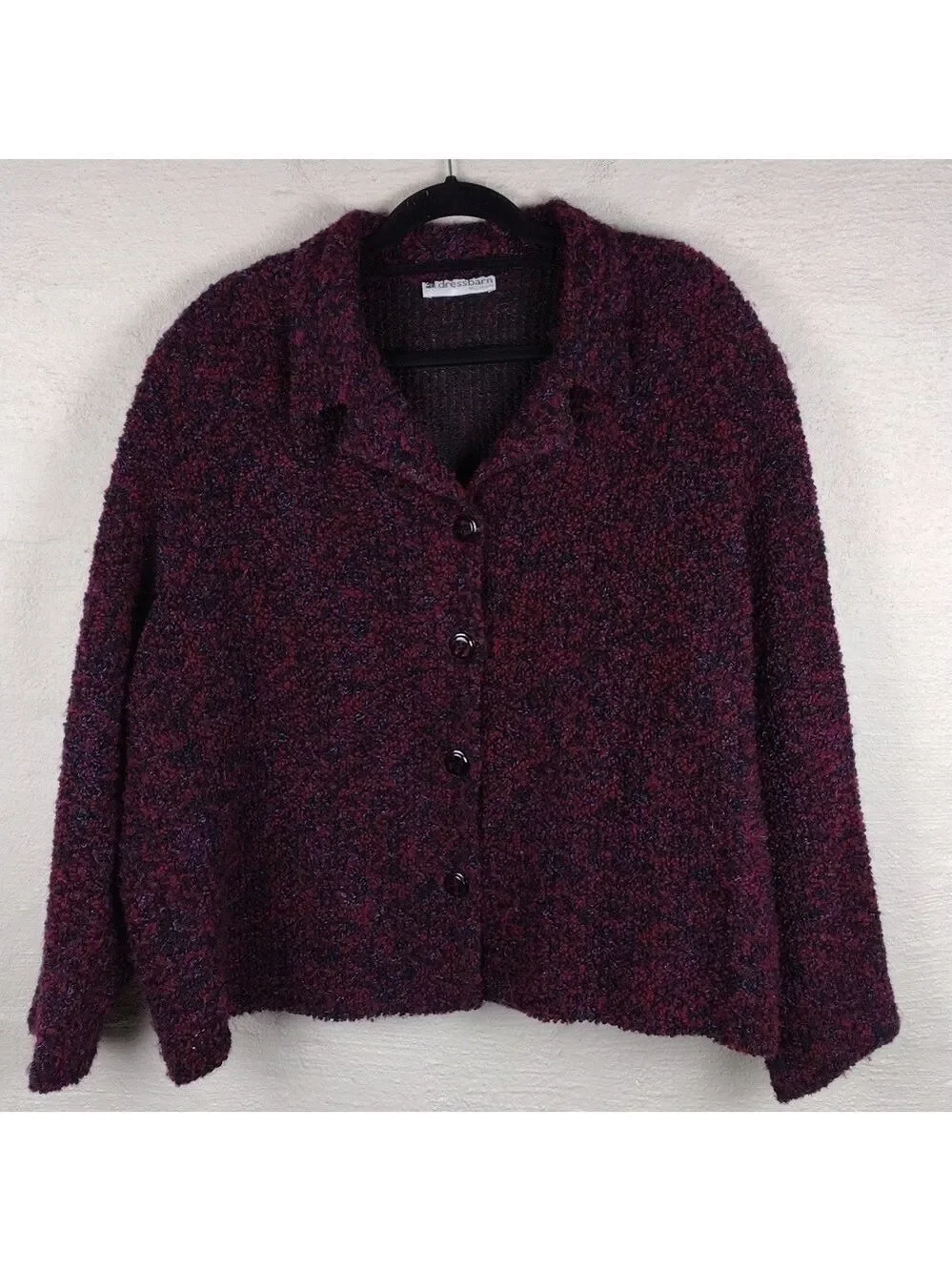 Dressbarn Woman Burgundy Knit  Collared Long Sleeve Button Up Cardigan Jacket